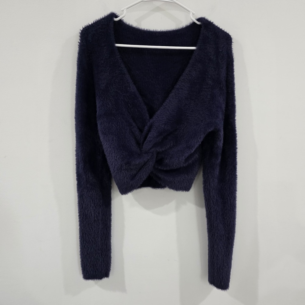 Aerie Womens Fluffy 4 Ever Twist Sweater Size Large Blue Cozy Eyelash Knit